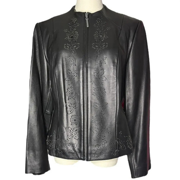 PRESTON & YORK Black Leather Jacket Cutout Design Zip Up Size Medium - Picture 1 of 8